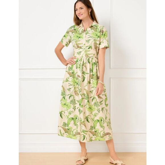 Talbots Petites SZ M Modern Poplin Smocked Midi Dress In Branching Floral - Picture 1 of 10